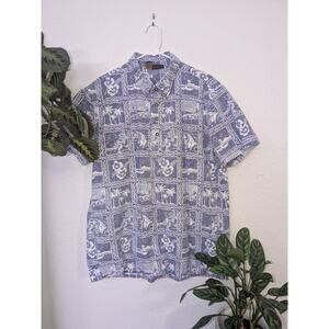 Hawaiian Shirt Fish/Hula/Surfing Print in Blue Sz L Cotton from Maui Trading Co